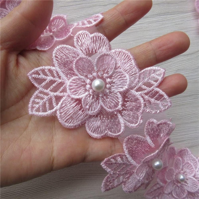 SHBBON 2 Yards 3D Flower Lace Trim Pearl Embroidered Polyester Lace Ribbon Fabric Applique Patchwork for Wedding Dress Handmade DIY Sewing Craft Supplies Decoration (Pink) - Image 1